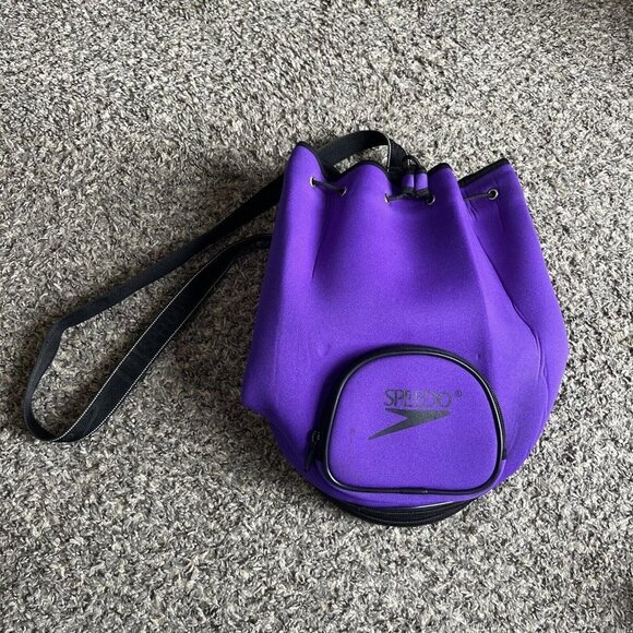 SPEEDO Neoprene Swim Bag Bucket Barrel Expandable Wet Shoulder Strap Purple VTG - Picture 1 of 9
